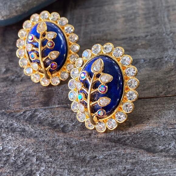 NEW Floral Rhinestone and Lapis Statement Earrings - Picture 11 of 16
